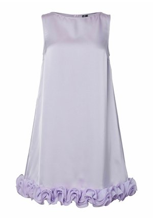 Lavenderowa sukienka bez rękawów z okrągłym dekoltem i falbanką na dole.