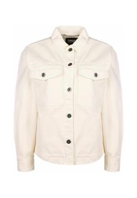 Crème denim jack met lange mouwen, kraag, knoopsluiting aan de voorkant, twee borstzakken en zwarte knopen. Soepele textuur en een relaxte pasvorm.