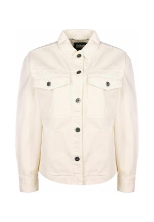 Kreemikatse denimpusa pikkade varrukatega, kraega, nupuga esiküljel, kahe rinna taskuga ja mustade nupudega. Sile tekstuur ja mugav lõige.