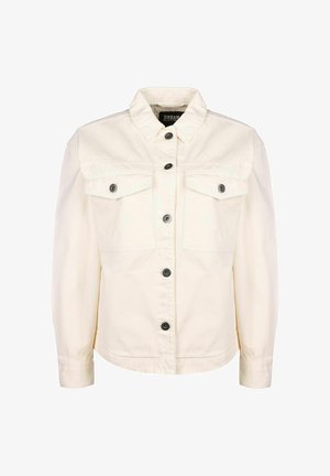 Kreemikatse denimpusa pikkade varrukatega, kraega, nupuga esiküljel, kahe rinna taskuga ja mustade nupudega. Sile tekstuur ja mugav lõige.