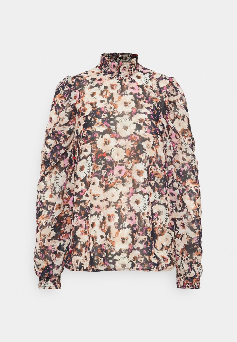 Blusa floreale con colletto alto, maniche lunghe e bombate, e polsini elasticizzati. Presenta un motivo floreale colorato su un tessuto trasparente.