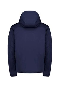 Giacca puffer blu navy con cappuccio, caratterizzata da un esterno liscio, polsini elasticizzati e una vestibilità rilassata. La vista posteriore evidenzia un design minimalista.