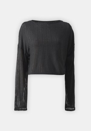 Black cropped top made of ribbed, sheer fabric with long sleeves and a round neckline, featuring vertical stripes for added texture.
