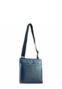 Borsa a tracolla blu navy realizzata in materiale lucido e testurizzato; presenta una zip superiore e una tracolla regolabile; diverse tasche esterne.