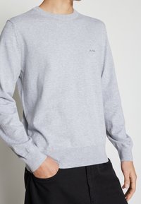 Grå rundhalsad tröja i mjukt tyg, med långa ärmar och ribbade muddkanter. Litet broderat logotyp på bröstet.