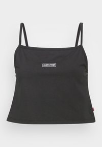 Černé bavlněné tílko s tenkými ramínky, které má na přední straně bílé logo Levi's a volný, zkrácený střih. Hladká textura, minimalistický styl.