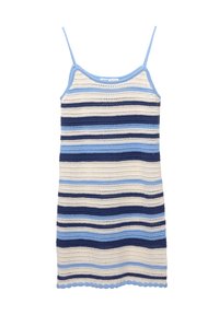 Robe en crochet avec des rayures horizontales bleu clair, bleu foncé et crème. Bretelles spaghetti ajustées et détail d'ourlet festonné.