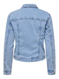 Light blue denim jacket with long sleeves, visible stitching, and a collar, shown from the back on a white background.