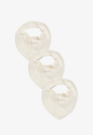Drei beigefarbene Baumwoll-Lätzchen mit einem strukturierten Muster, die in einer dreieckigen Form gestaltet sind und Druckknopfverschlüsse für eine sichere Passform aufweisen.