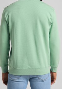 Sudadera verde menta con cuello redondo y mangas largas, hecha de un material suave. Presenta puños y dobladillo acanalados, y una textura suave.