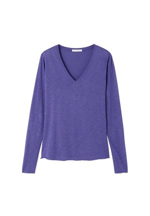 Garām piedurknēm violets V-veida kakla krekls ar mīkstu tekstūru un viegli izliektu apakšmali, attēlots uz balta fona.