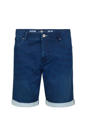 Shorts din denim de culoare albastră închisă cu tiv răsucit, dotate cu închidere cu buton și bucle pentru curea. Mărimea indicată este 3XL. Textura este netedă.