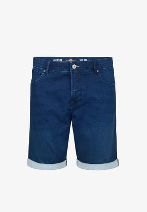 Shorts di jeans di colore blu scuro con orlo arrotolato, dotati di chiusura a bottone e passanti per cintura. Taglia indicata come 3XL. Tessuto morbido.