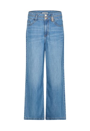 Vaqueros anchos de pierna ancha en azul claro con cierre de doble botón y bolsillos delanteros y traseros, etiquetados como Morgan en la cintura.