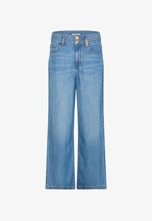 Vaqueros anchos de pierna ancha en azul claro con cierre de doble botón y bolsillos delanteros y traseros, etiquetados como Morgan en la cintura.