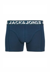 Marineblaue Boxershorts aus weichem Stoff, mit einem weißen Logo-Bund und funktionellem Frontbereich. Glatte Textur, taillierte Passform.