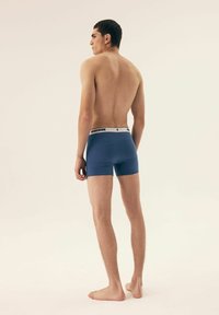 Niebieskie slipki typu boxer o dopasowanym kroju, wykonane z gładkiego materiału. Posiadają białą gumkę z czarnym napisem. Model pokazany z tyłu.