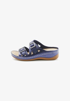 Sandalia azul con punta abierta, con dos correas ajustables con hebilla, plantilla acolchada y suela marrón, mostrada de perfil sobre fondo blanco.