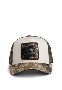 Baseballkasket med camouflage-brem og sider, beige frontpanel med et sort panter-patch med påsyet label "PANTHER."