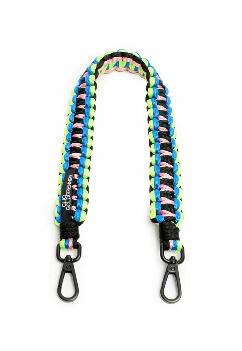 Kleurrijke paracordriem met groene, blauwe, roze en zwarte vlechtpatronen, met zwarte hardware clips aan beide uiteinden voor bevestiging.
