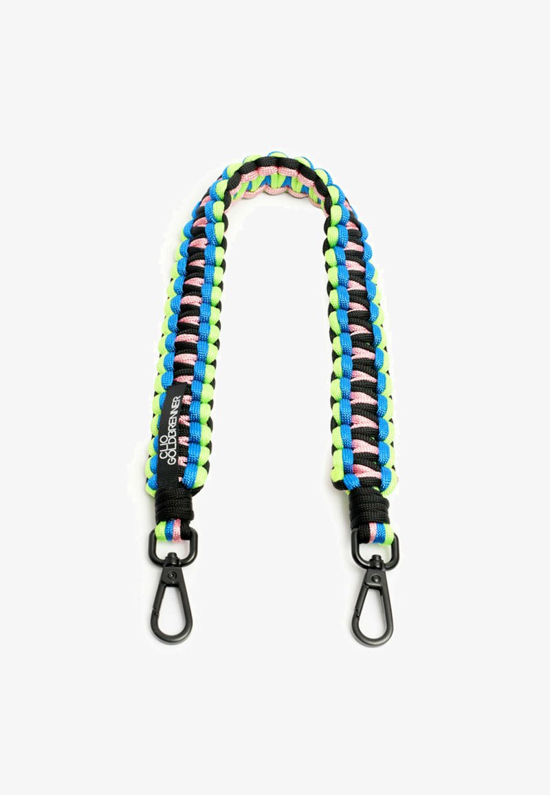 Kleurrijke paracordriem met groene, blauwe, roze en zwarte vlechtpatronen, met zwarte hardware clips aan beide uiteinden voor bevestiging.