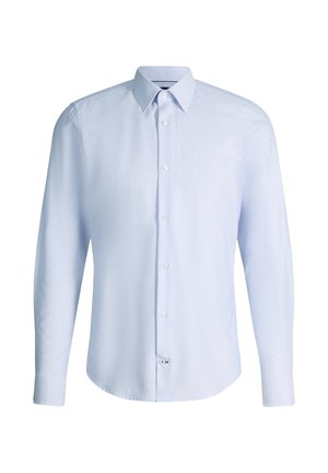 Lichtblauw heren overhemd met lange mouwen, knoopsluiting aan de voorkant en klassieke kraag, weergegeven op een egale witte achtergrond.