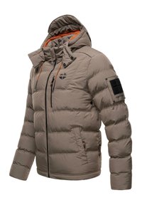 Pohodlná prešívaná bunda v khaki farbe s oranžovým podšívaním, so zipsom, prednými vreckami, kapucňou a logom na ľavom rukáve.
