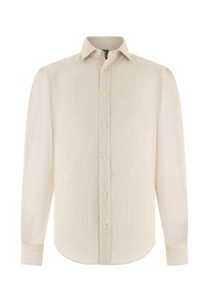 Beige langärmliges Hemd mit feinen vertikalen Streifen, klassischem Kragen und geknöpften Manschetten, auf weißem Hintergrund dargestellt.