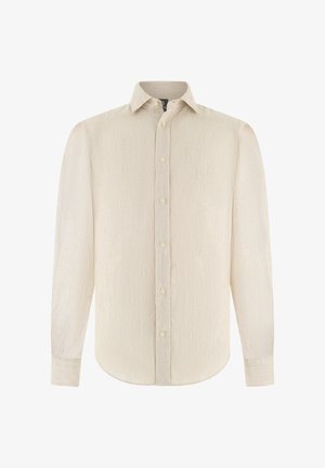 Beige langärmliges Hemd mit feinen vertikalen Streifen, klassischem Kragen und geknöpften Manschetten, auf weißem Hintergrund dargestellt.