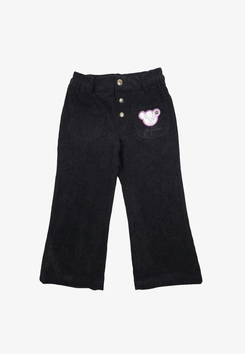 Pantaloni in velluto a coste neri con una vestibilità ampia, caratterizzati da due tasche frontali e una toppa a forma di orso viola sulla tasca sinistra con dettagli ricamati.