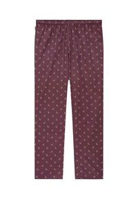 Mørkerøde pyjamasbukser med elastisk talje, prydet med et gentaget blomstermønster i pink og grøn. Fremstillet af et blødt, let stof.