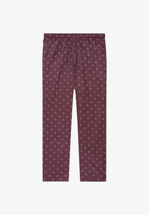 Mørkerøde pyjamasbukser med elastisk talje, prydet med et gentaget blomstermønster i pink og grøn. Fremstillet af et blødt, let stof.