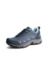 Marineblauwe sportschoen met een ademend bovenwerk van mesh, grijze accenten en een gestructureerde zool. Bevat veters en een gevoerde kraag voor extra comfort.