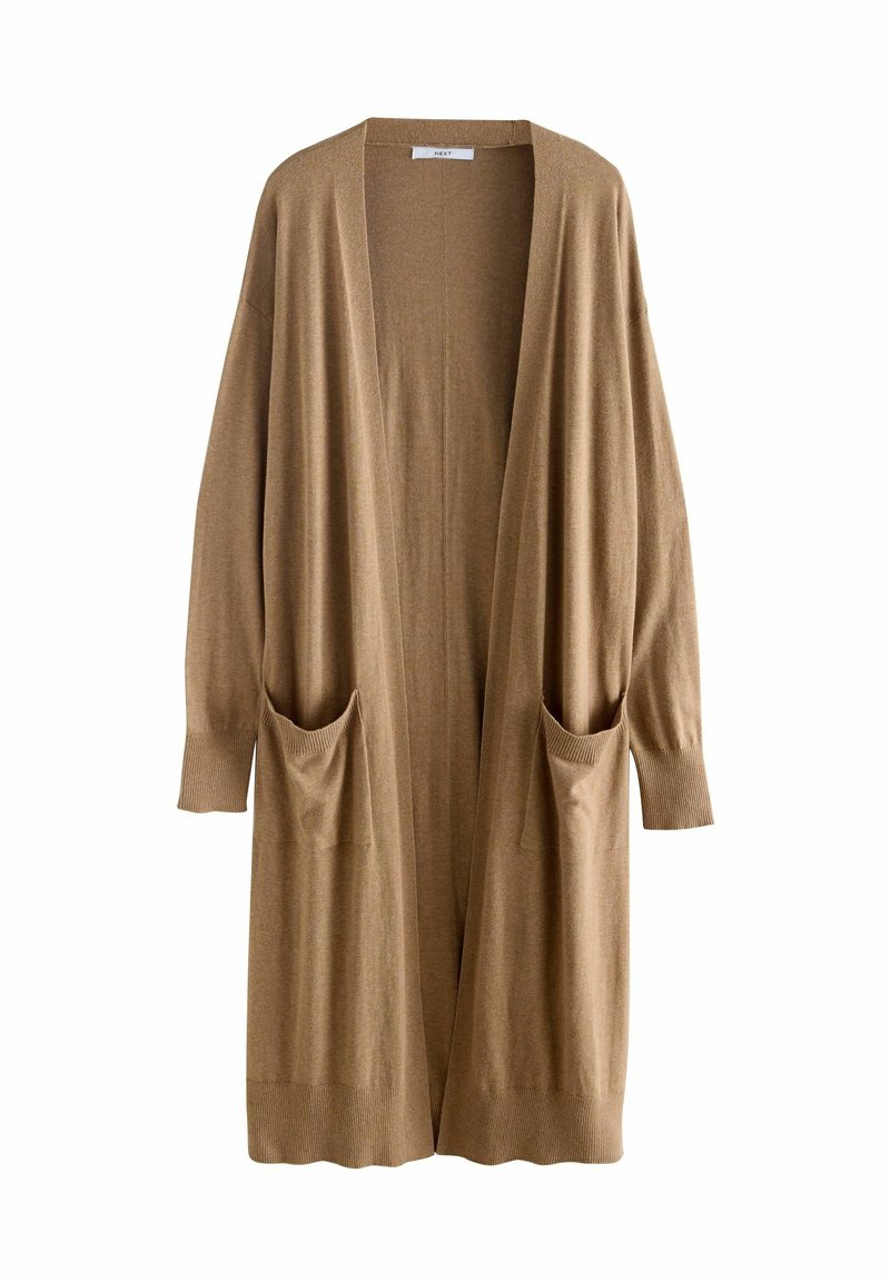 Cardigan lungo aperto in marrone chiaro, realizzato in tessuto morbido, con due tasche frontali e polsini a costine. Senza chiusure.