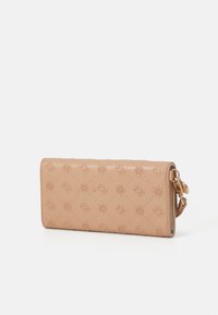 Rose-colored leather wallet with embossed pattern, smooth texture, rectangular shape, and a metal clasp detail on the side.