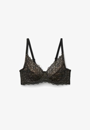 Czarny koronkowy biustonosz z kwiatowym wzorem, falbaniastymi brzegami oraz regulowanymi ramiączkami. Miękka podszewka pod koronką dla komfortu.