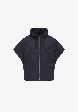 Marineblauwe gewatteerde pufferjack met oversized capmouwen, een ritssluiting aan de voorkant en een verstelbare capuchon met een trekkoord. Voorzien van zijzakken en zilverkleurige hardware.