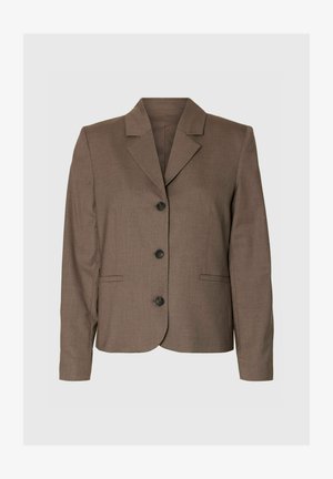 Brūns piemērots žakete ar iegriezuma atloki, trīs melni pogas priekšpusē un divas iegrieztas kabatas, attēlots uz vienkārša fona.