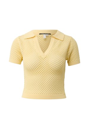 Gelbes, kurzärmeliges, gestricktes Oberteil mit Netzmuster, tiefem V-Ausschnitt und Kragen, Größe klein.