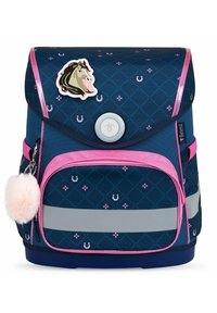 Navy backpack with pink accents, diamond pattern, horse design, gray reflective strip, round button closure, and fluffy pink pom-pom keychain.