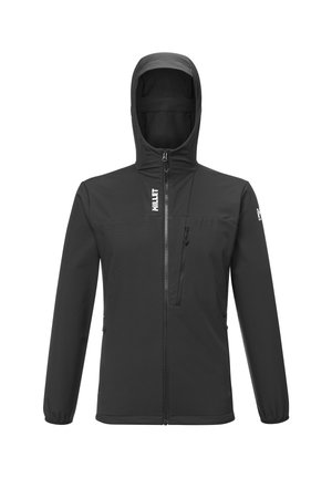 Black softshell jacket with a hood, full front zipper, and side pockets. Features a zippered chest pocket, elastic cuffs, and logo accents.