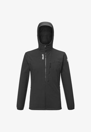 Schwarze Softshelljacke mit Kapuze, durchgehendem Reißverschluss vorne und Seitentaschen. Mit einer Reißverschlusstasche auf der Brust, elastischen Bündchen und Logo-Details.