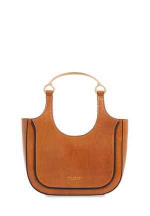 Borsa a mano in pelle marrone con silhouette curva, manico superiore dorato e "The Bridge Firenze 1969" impresso sul davanti.