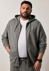 Felpa grigia con zip, dotata di una tasca frontale, lacci e un piccolo logo. Indossata sopra una maglietta bianca con pantaloni sportivi grigi coordinati.