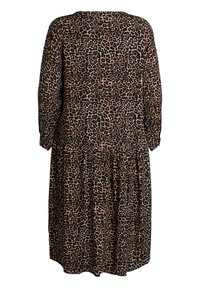 Leopardmuster-Kleid aus weichem Stoff; verfügt über einen runden Halsausschnitt, lange Ärmel und einen gestuften Rockdesign mit elastischen Bündchen.