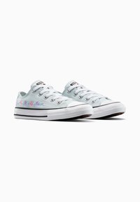 Zapatillas de lona azul claro con bordados florales, puntera de goma y detalles en blanco y negro en la suela. Seis ojetes para los cordones.