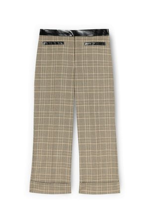 Braune karierte Hose mit einem glatten schwarzen Kunstlederbund und Taschen; weiter Bein-Schnitt, strukturierter Stoff, maßgeschneiderte Passform.