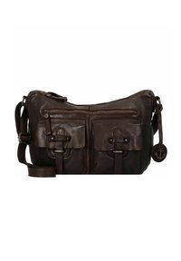 Borsa a tracolla in pelle marrone con due tasche frontali, chiusura lampo e tracolla regolabile. Caratterizzata da un'etichetta decorativa a forma di ancora e una texture liscia.