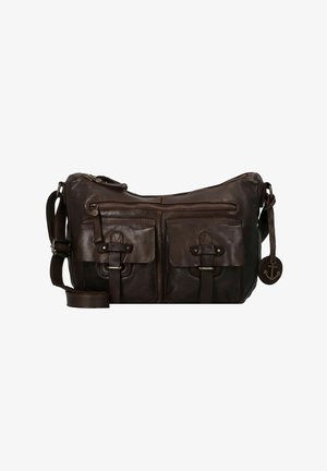 Borsa a tracolla in pelle marrone con due tasche frontali, chiusura lampo e tracolla regolabile. Caratterizzata da un'etichetta decorativa a forma di ancora e una texture liscia.