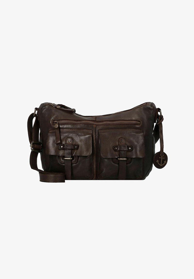 Borsa a tracolla in pelle marrone con due tasche frontali, chiusura lampo e tracolla regolabile. Caratterizzata da un'etichetta decorativa a forma di ancora e una texture liscia.